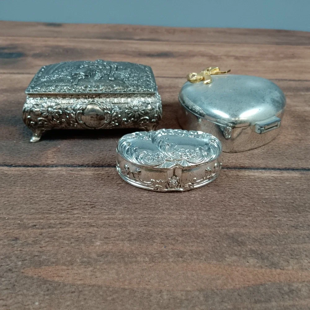 Ornate Silver Tone Trinket Jewelry Box Set Heart Square Vintage Style